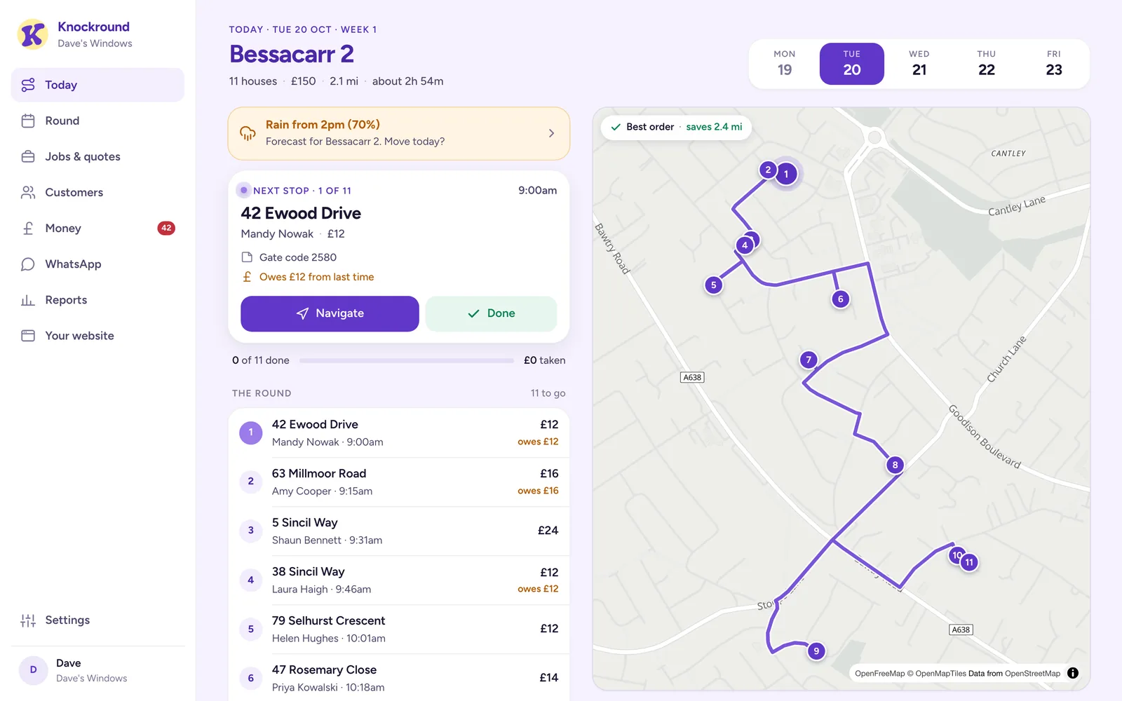 Knockround on a computer: today's houses listed in order beside a map with the route drawn
