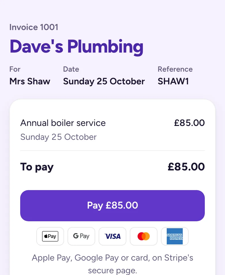 An example invoice from a made-up plumber: invoice 1001, an annual boiler service for £85, with a Pay button and the Apple Pay, Google Pay, Visa, Mastercard and Amex marks
