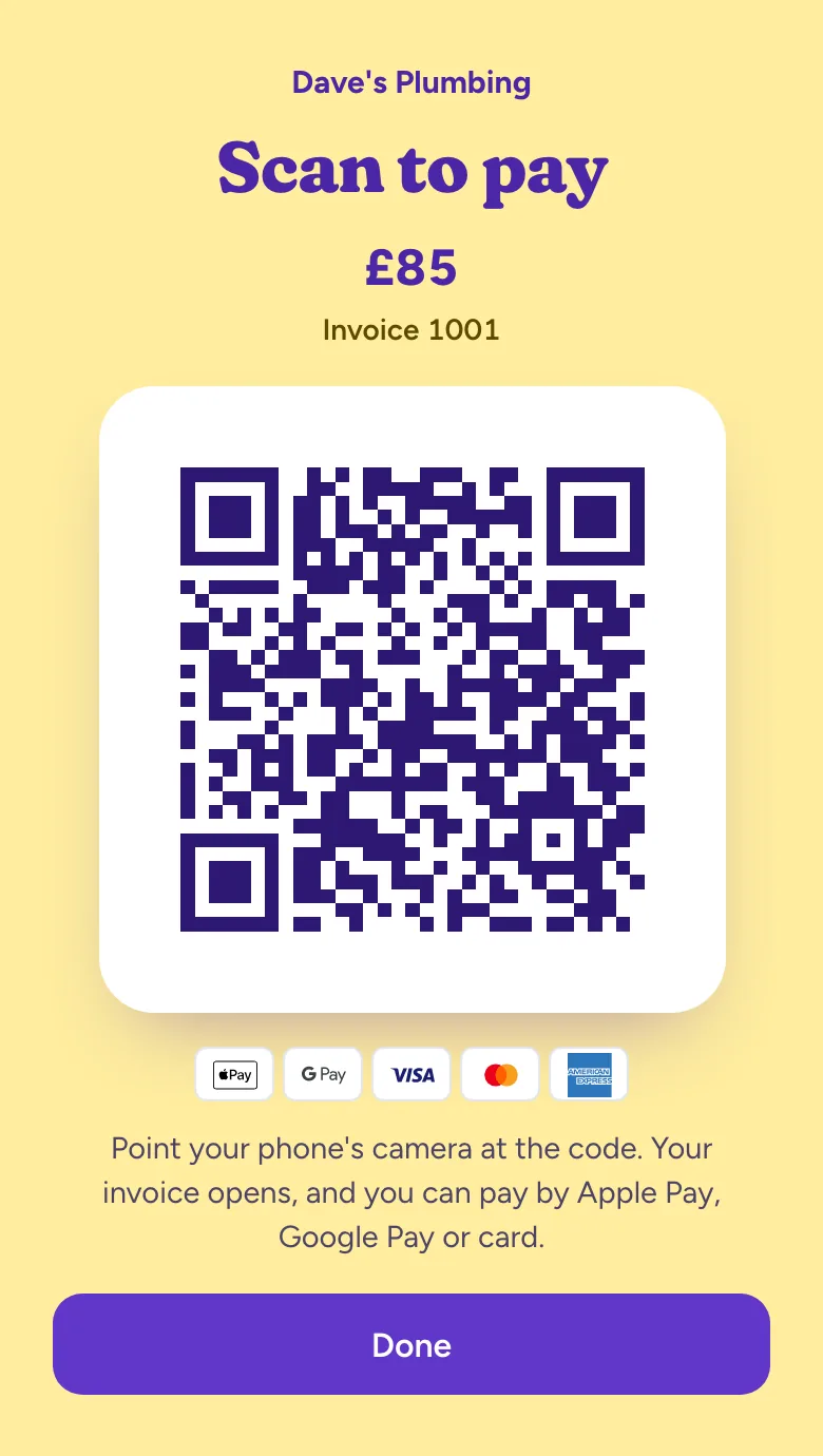 The same invoice as a full-screen QR code on the tradesperson's phone: Scan to pay, £85