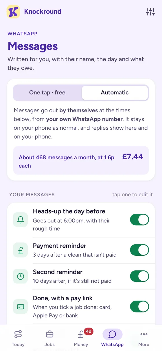 The WhatsApp screen with the heads-up, payment reminder and done messages switched on