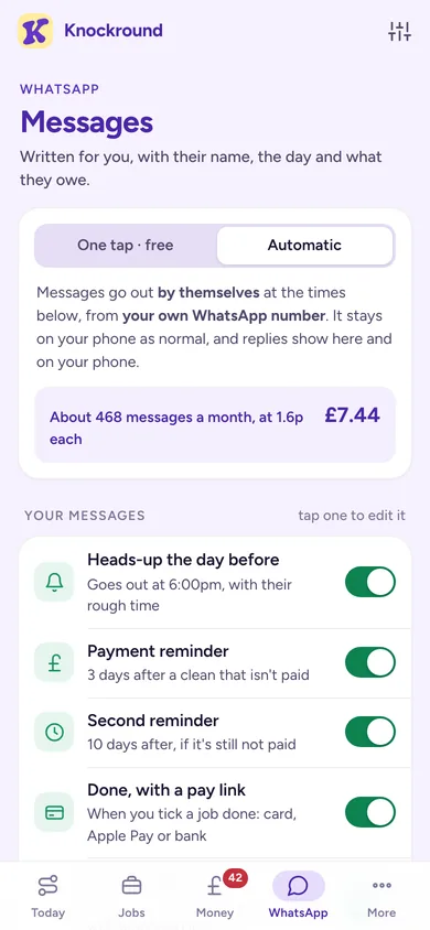 WhatsApp screen with the heads-up, payment reminder and done messages switched on