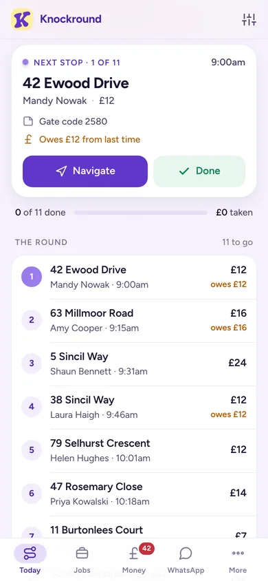 The next stop card with Navigate and Done, above the rest of the day's houses in order with what each one owes
