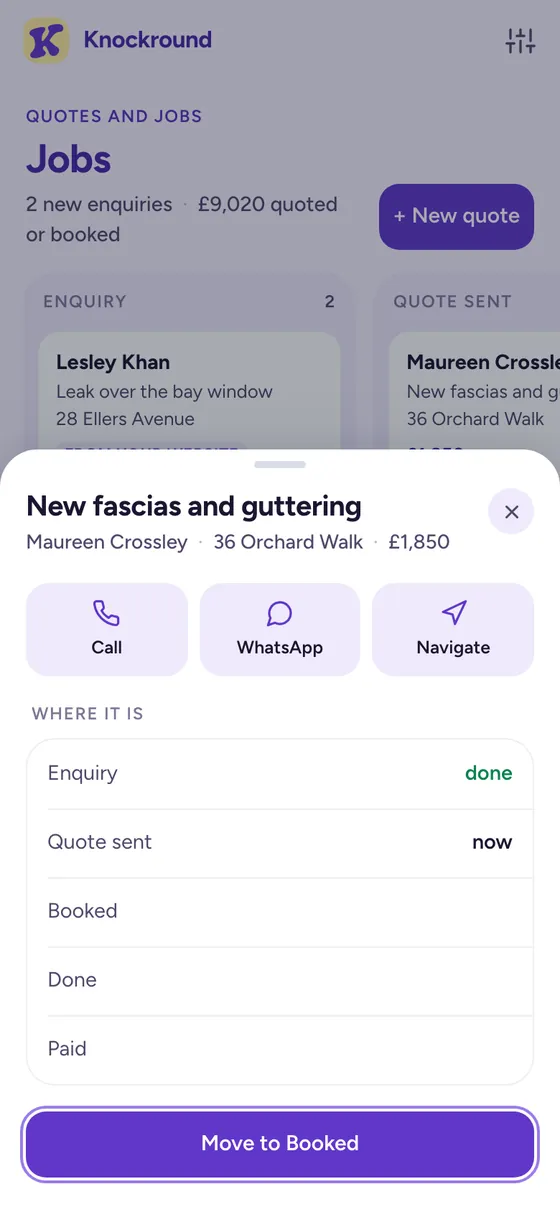A roofing job open on the phone: call, WhatsApp, navigate, and where it is from enquiry to paid
