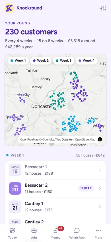 Round screen with 230 customers on a map of Doncaster and the days of week one