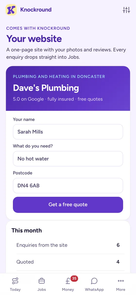 A plumber's one-page website with a free quote form, and this month's enquiries