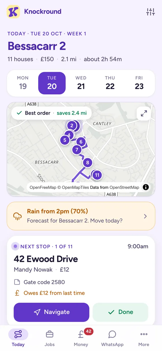 Today's round on the phone: the day's map in the best order, a rain warning and the next stop with Navigate and Done